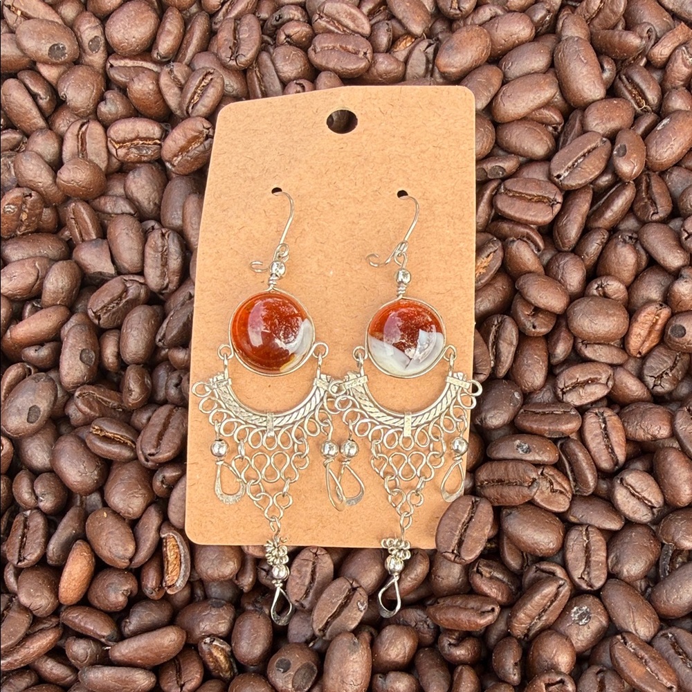 Handcrafted Silver-Tone Orange Brown Dangle Earrings